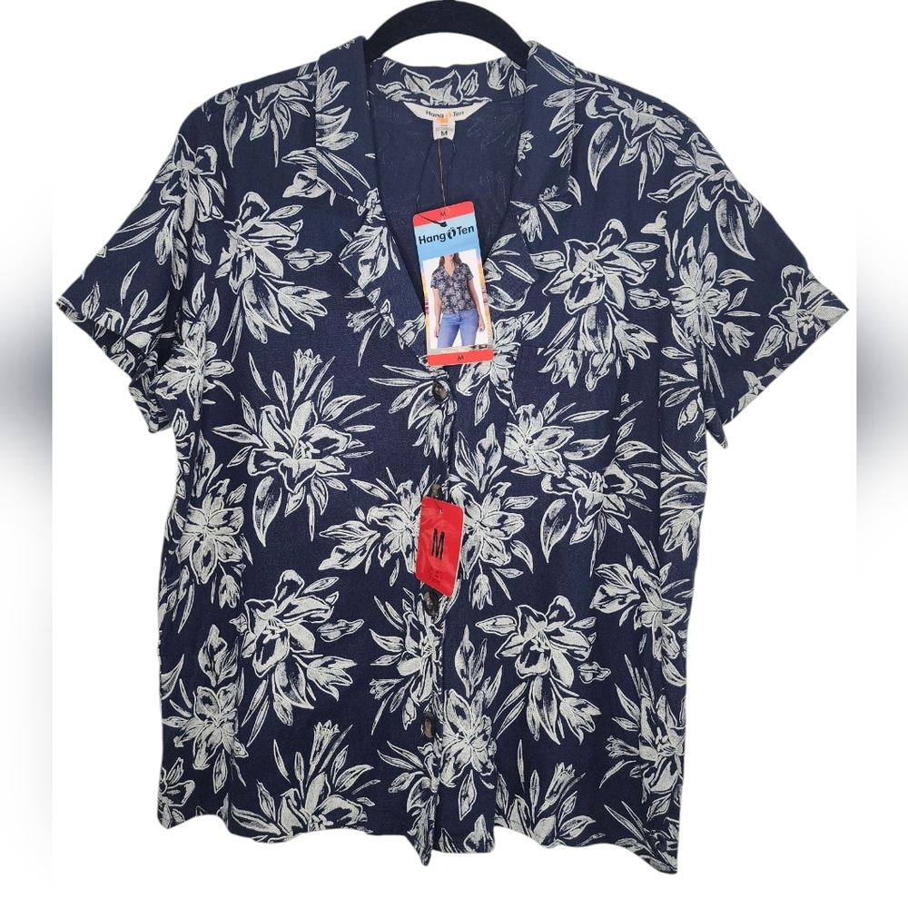 HANG TEN Goldie shirt, linen, button up, collar, size M - Picture 2 of 9